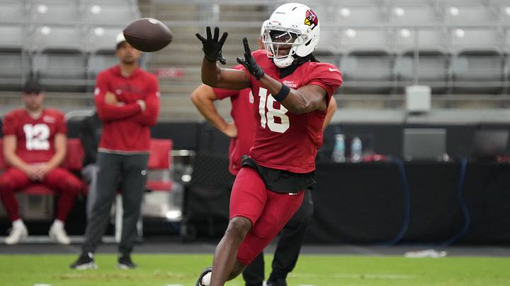 Arizona Cardinals receiver Marvin Harrison Jr. (18) catches a pass during training camp at State Farm Stadium in Glendale on Aug 2, 2026. Arizona Cardinals receiver Marvin Harrison Jr. (18) catches a pass during training camp at State Farm Stadium in Glendale on Aug 2, 2026.