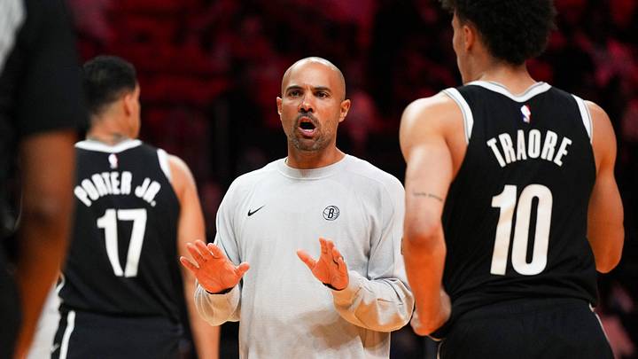 Oct 14, 2026; Miami, Florida, USA;  Brooklyn Nets head coach Jordi Fernandez keeps an eye on his team during the second half against the Miami Heat at Kaseya Center.  Mandatory Credit: Jim Rassol-Imagn Images