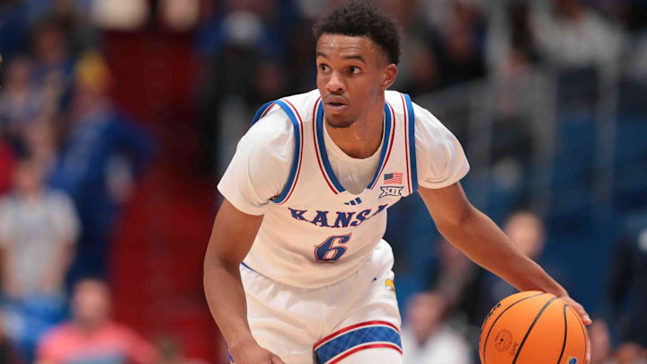 Kansas Jayhawks guard Rylan Griffen (6) runs a route during the second half of the game against North Carolina-Wilmington Seahawks inside Allen Fieldhouse Tuesday, Nov. 19, 2024.