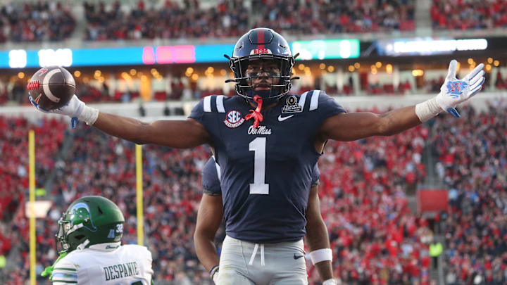 Dec 20, 2025; Oxford, MS, USA; Mississippi Rebels wide receiver De'Zhaun Stribling (1) reacts after catching a touchdown against the Tulane Green Wave during the second half of a game at Vaught-Hemingway Stadium. Mandatory Credit: Petre Thomas-Imagn Images