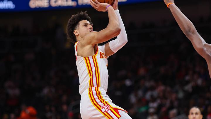 Apr 30, 2026; Atlanta, Georgia, USA; Atlanta Hawks forward Jalen Johnson (1) shoots against the New York Knicks in the third quarter during game six of the first round of the 2026 NBA Playoffs at State Farm Arena. Mandatory Credit: Brett Davis-Imagn Images
