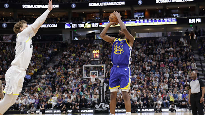 Feb 15, 2024; Salt Lake City, Utah, USA; Golden State Warriors forward Andrew Wiggins (22) shoots as Utah Jazz forward Lauri Markkanen (23) defends during the second half at Delta Center. Mandatory Credit: Chris Nicoll-Imagn Images Feb 15, 2024; Salt Lake City, Utah, USA; Golden State Warriors forward Andrew Wiggins (22) shoots as Utah Jazz forward Lauri Markkanen (23) defends during the second half at Delta Center. Mandatory Credit: Chris Nicoll-Imagn Images