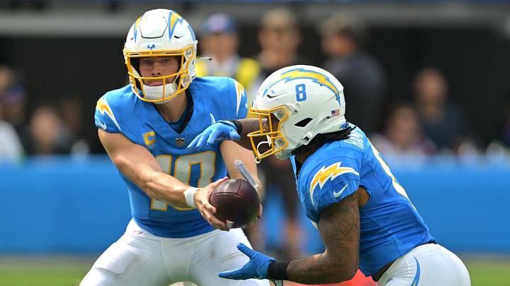 Sep 21, 2025; Inglewood, California, USA; Los Angeles Chargers quarterback Justin Herbert (10) hands off to running back Omarion Hampton (8) who rans for a touchdown in the first half against the Denver Broncos at SoFi Stadium. Mandatory Credit: Jayne Kamin-Oncea-Imagn Images Sep 21, 2025; Inglewood, California, USA; Los Angeles Chargers quarterback Justin Herbert (10) hands off to running back Omarion Hampton (8) who rans for a touchdown in the first half against the Denver Broncos at SoFi Stadium. Mandatory Credit: Jayne Kamin-Oncea-Imagn Images