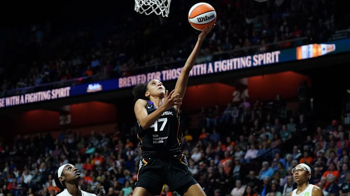 Sep 1, 2025; Uncasville, Connecticut, USA; Connecticut Sun guard Leila Lacan (47) score against the Atlanta Dream in the second half at Mohegan Sun Arena. Mandatory Credit: David Butler II-Imagn Images