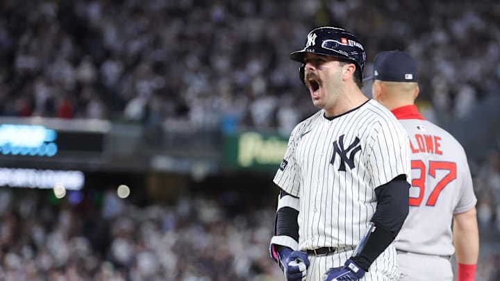 Oct 1, 2025; Bronx, New York, USA; New York Yankees catcher Austin Wells (28) celebrates after hitting an hits an RBI single during the eighth inning against the Boston Red Sox during game two of the Wildcard round for the 2025 MLB playoffs at Yankee Stadium. Mandatory Credit: Brad Penner-Imagn Images