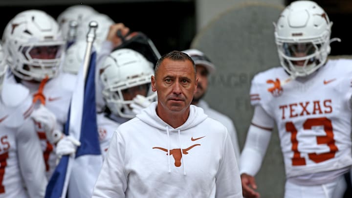 Oct 25, 2025; Starkville, Mississippi, USA; Texas Longhorns head coach Steve Sarkisian walks out of the lockerroom prior to the game against the Mississippi State Bulldogs at Davis Wade Stadium at Scott Field. Mandatory Credit: Petre Thomas-Imagn Images