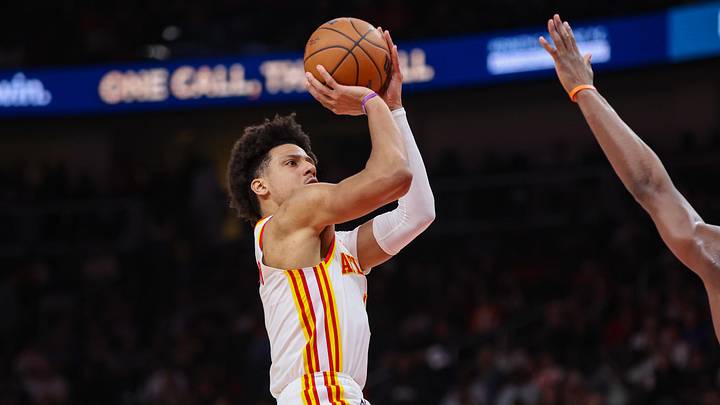 Apr 30, 2026; Atlanta, Georgia, USA; Atlanta Hawks forward Jalen Johnson (1) shoots against the New York Knicks in the third quarter during game six of the first round of the 2026 NBA Playoffs at State Farm Arena. Mandatory Credit: Brett Davis-Imagn Images
Apr 30, 2026; Atlanta, Georgia, USA; Atlanta Hawks forward Jalen Johnson (1) shoots against the New York Knicks in the third quarter during game six of the first round of the 2026 NBA Playoffs at State Farm Arena. Mandatory Credit: Brett Davis-Imagn Images