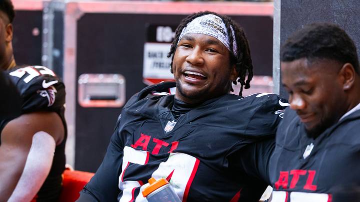 Dec 21, 2025; Glendale, Arizona, USA; Atlanta Falcons defensive lineman Brandon Dorlus (54) against the Arizona Cardinals at State Farm Stadium. Mandatory Credit: Mark J. Rebilas-Imagn Images
