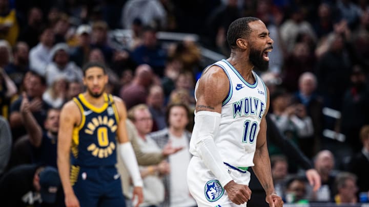 Mar 7, 2024; Indianapolis, Indiana, USA; Minnesota Timberwolves guard Mike Conley (10) celebrates