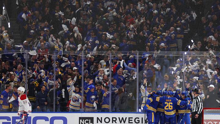 May 6, 2026; Buffalo, New York, USA; Buffalo Sabres right wing Josh Doan (91) celebrates his goal with teammates during the first period against the Montréal Canadiens in game one of the second round of the 2026 Stanley Cup Playoffs at KeyBank Center. Mandatory Credit: Timothy T. Ludwig-Imagn Images