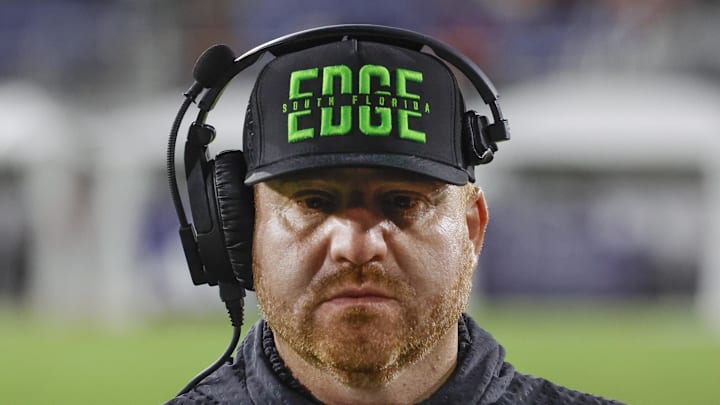 Nov 1, 2024; Boca Raton, Florida, USA;  South Florida Bulls head coach Alex Golesh on the sidelines during the second half against the Florida Atlantic Owls at FAU Stadium. Credit: Reinhold Matay-Imagn Images