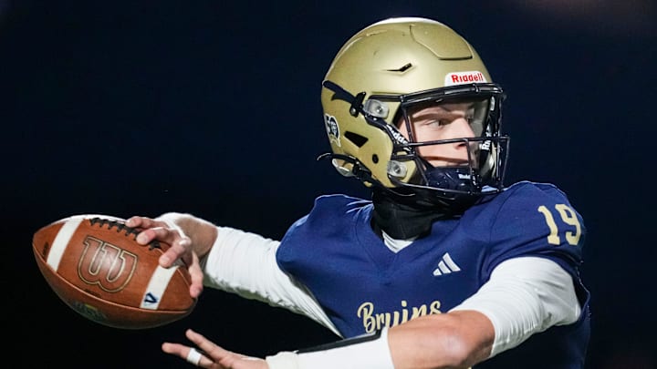 Tri-West Bruins quarterback Jack Sorgi (19) looks to pass Friday, Oct. 31, 2025, during a game between the Tri-West Bruins and the Cascade Cadets at Tri-West High School in Lizton, Ind.