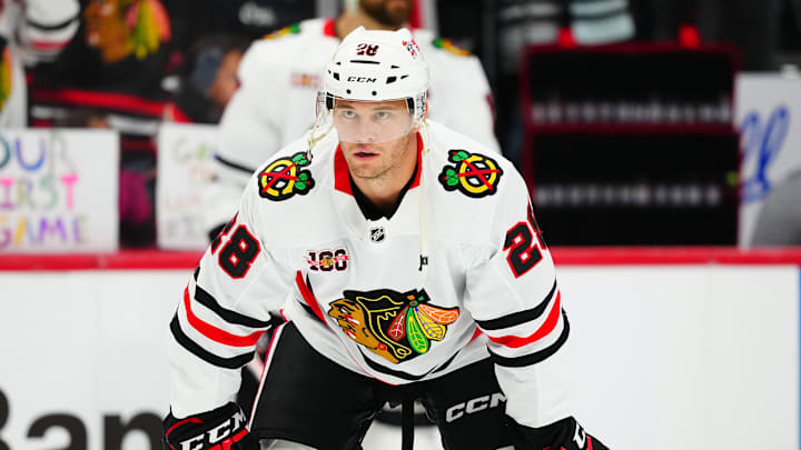 Feb 28, 2026; Denver, Colorado, USA; Chicago Blackhawks left wing Andre Burakovsky (28) before the game against the Colorado Avalanche at Ball Arena. Mandatory Credit: Ron Chenoy-Imagn Images