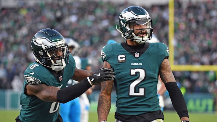 Dec 8, 2024; Philadelphia, Pennsylvania, USA; Philadelphia Eagles cornerback Darius Slay Jr. (2) celebrates fourth down stop against the Carolina Panthers with safety C.J. Gardner-Johnson (8) late in the fourth quarter at Lincoln Financial Field. Mandatory Credit: Eric Hartline-Imagn Images