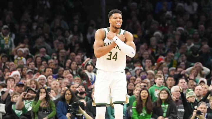 Dec 25, 2022; Boston, Massachusetts, USA; Milwaukee Bucks power forward Giannis Antetokounmpo (34) reacts to making a basket against the Boston Celtics during the first half at TD Garden. Mandatory Credit: Gregory Fisher-Imagn Images