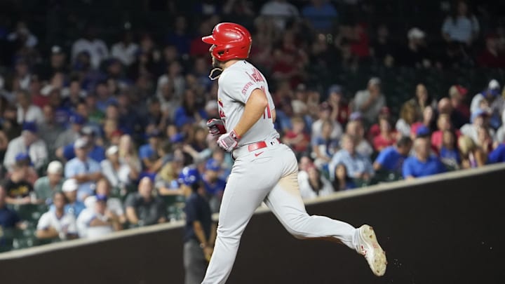 Jul 20, 2023; Chicago, Illinois, USA; St. Louis Cardinals shortstop Paul DeJong (11) runs the bases after hitting a two-run homer against the Chicago Cubs during the fifth inning at Wrigley Field. Mandatory Credit: David Banks-Imagn Images