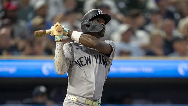 Sep 16, 2025; Minneapolis, Minnesota, USA; New York Yankees second baseman Jazz Chisholm Jr. (13) hits single against the Minnesota Twins in the sixth inning at Target Field. Mandatory Credit: Jesse Johnson-Imagn Images