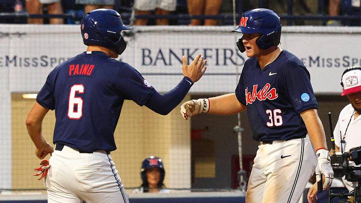 Jun 1, 2025; Oxford, MS, USA; Mississippi Rebels first base Will Furniss (36) reacts with infielder Owen Paino (6) after hitting a home run during the third inning against the Murray State Racers. Mandatory Credit: Petre Thomas-Imagn Images