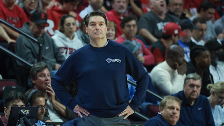 Nov 7, 2022; Piscataway, New Jersey, USA; Columbia Lions head coach Jim Engles looks on during the first half against the Rutgers Scarlet Knights at Jersey Mike's Arena. Mandatory Credit: Vincent Carchietta-Imagn Images