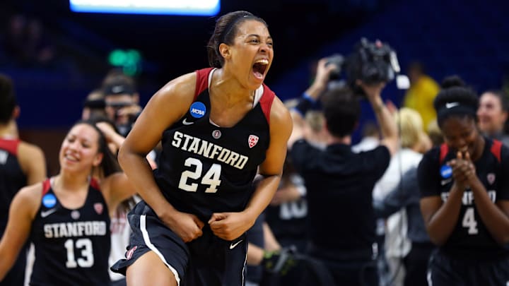 Mar 26, 2017; Lexington, KY, USA; Stanford Cardinal forward Erica McCall (24) celebrates after defeating the Notre Dame Fighting Irish in the finals of the Lexington Regional of the women's 2017 NCAA Tournament at Rupp Arena. Stanford won 76-75. Mandatory Credit: Aaron Doster-Imagn Images