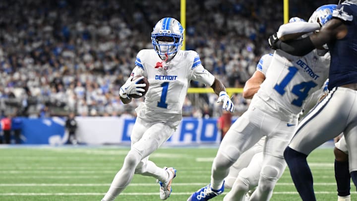 Dec 4, 2025; Detroit, Michigan, USA; Detroit Lions wide receiver Jameson Williams (1) runs during the first half against the Dallas Cowboys at Ford Field. Mandatory Credit: Lon Horwedel-Imagn Images