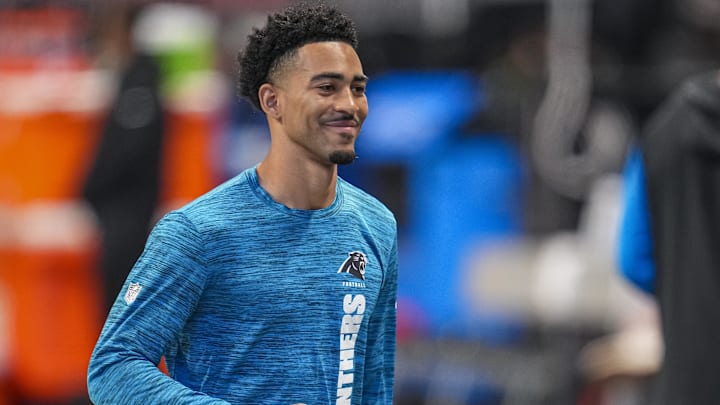 Jan 5, 2025; Atlanta, Georgia, USA; Carolina Panthers quarterback Bryce Young (9) on the field prior to the game against the Atlanta Falcons at Mercedes-Benz Stadium. Mandatory Credit: Dale Zanine-Imagn Images