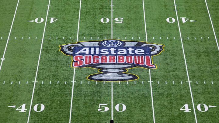 Jan 1, 2024; New Orleans, LA, USA; A general view of the 2024 Sugar Bowl college football playoff semifinal game logo before the game between the Texas Longhorns and the Washington Huskies at Caesars Superdome. Mandatory Credit: Stephen Lew-Imagn Images