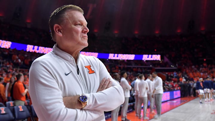 Jan 23, 2025; Champaign, Illinois, USA;  Illinois Fighting Illini head coach Brad Underwood before the tipoff of a game with the Maryland Terrapins at State Farm Center. Mandatory Credit: Ron Johnson-Imagn Images