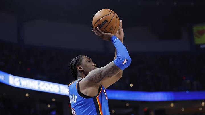 Apr 2, 2026; Oklahoma City, Oklahoma, USA; Oklahoma City Thunder guard Jalen Williams (8) shoots a three point basket against the Los Angeles Lakers during the second half at Paycom Center. Mandatory Credit: Alonzo Adams-Imagn Images Apr 2, 2026; Oklahoma City, Oklahoma, USA; Oklahoma City Thunder guard Jalen Williams (8) shoots a three point basket against the Los Angeles Lakers during the second half at Paycom Center. Mandatory Credit: Alonzo Adams-Imagn Images