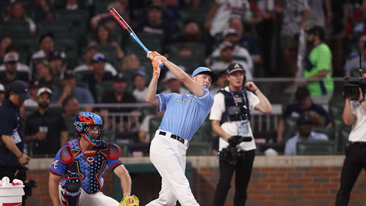Jul 14, 2025; Atlanta, GA, USA; Argyle High School player Grady Emerson during the 2025 Home Run Derby at Truist Park. Mandatory Credit: Brett Davis-Imagn Images Jul 14, 2025; Atlanta, GA, USA; Argyle High School player Grady Emerson during the 2025 Home Run Derby at Truist Park. Mandatory Credit: Brett Davis-Imagn Images