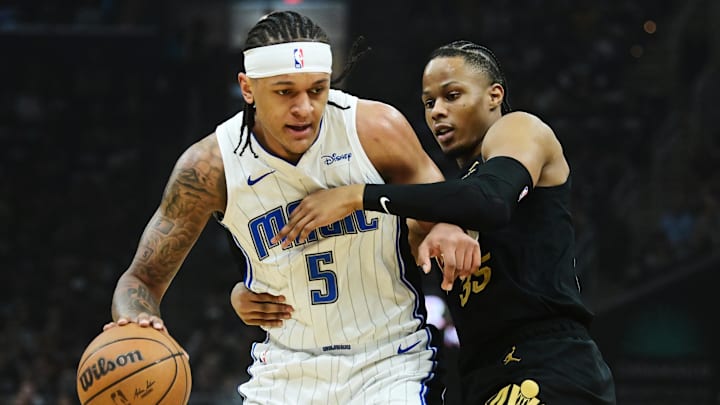 May 5, 2024; Cleveland, Ohio, USA; Orlando Magic forward Paolo Banchero (5) drives to the basket