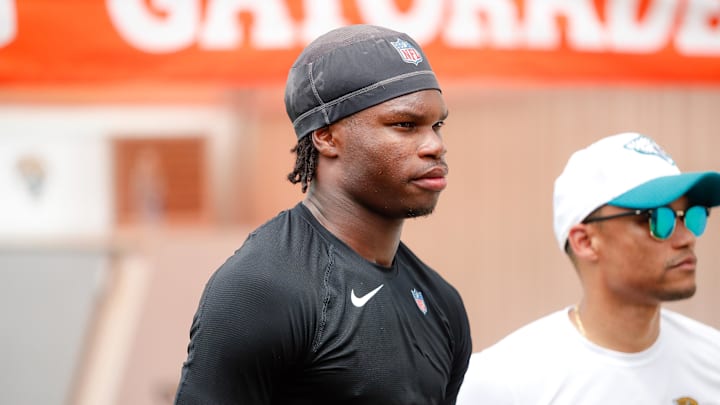 Travis Hunter waits to be interviewed following the Jaguars' rookie minicamp.