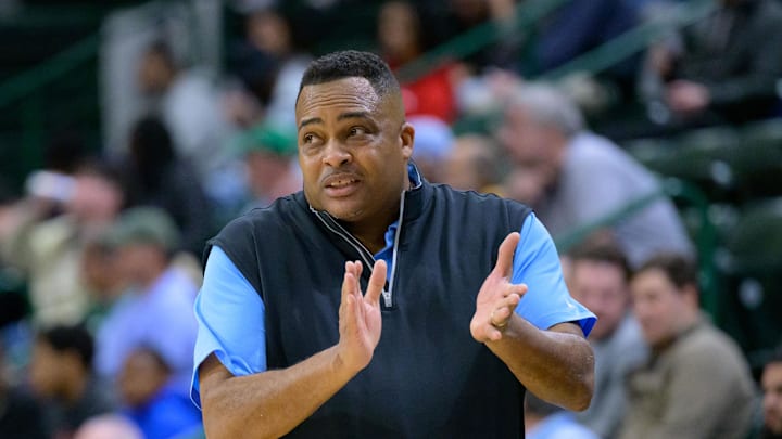 Jan 11, 2024; New Orleans, Louisiana, USA; Tulane Green Wave head coach Ron Hunter reacts during the first half against the Florida Atlantic Owls at Avron B. Fogelman Arena in Devlin Fieldhouse. Mandatory Credit: Matthew Hinton-Imagn Images