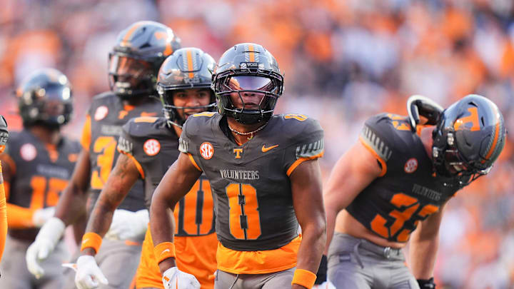 Tennessee defensive back Colton Hood (8) and the Tennessee defense celebrate after a play stopping the New Mexico State offense in an NCAA college football game on November 15, 2025, in Knoxville, Tenn. Tennessee defensive back Colton Hood (8) and the Tennessee defense celebrate after a play stopping the New Mexico State offense in an NCAA college football game on November 15, 2025, in Knoxville, Tenn.