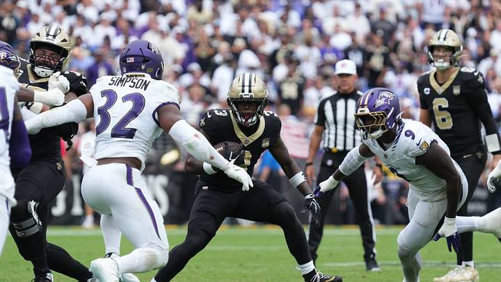 Sep 20, 2026; Baltimore, Maryland, USA; New Orleans Saints running back Travis Etienne Jr. (3) runs with the ball in the fourth quarter against the Baltimore Ravens at M&T Bank Stadium. Mandatory Credit: James Lang-Imagn Images Sep 20, 2026; Baltimore, Maryland, USA; New Orleans Saints running back Travis Etienne Jr. (3) runs with the ball in the fourth quarter against the Baltimore Ravens at M&T Bank Stadium. Mandatory Credit: James Lang-Imagn Images