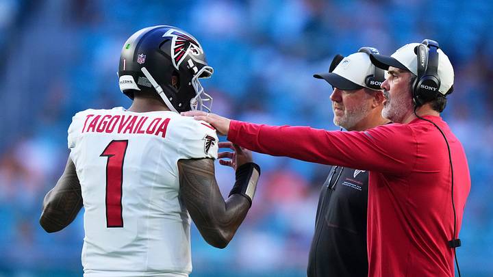 Tua Tagovailoa fumbled in the Falcons' preseason finale Friday night. Tua Tagovailoa fumbled in the Falcons' preseason finale Friday night.