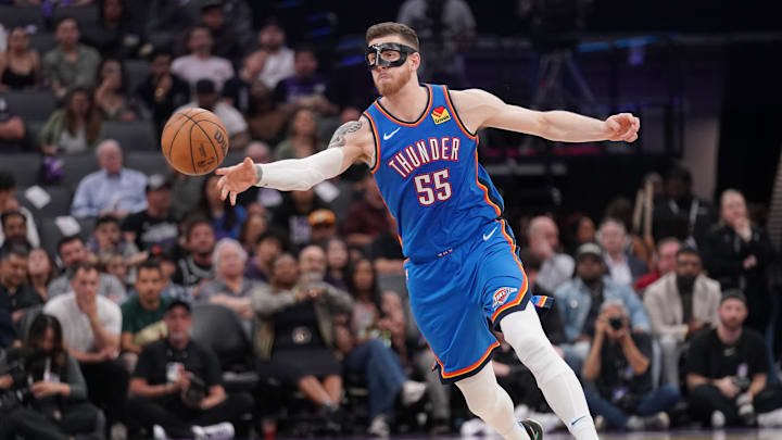 Mar 25, 2025; Sacramento, California, USA; Oklahoma City Thunder center Isaiah Hartenstein (55) passes the ball against the Sacramento Kings in the fourth quarter at the Golden 1 Center. Mandatory Credit: Cary Edmondson-Imagn Images