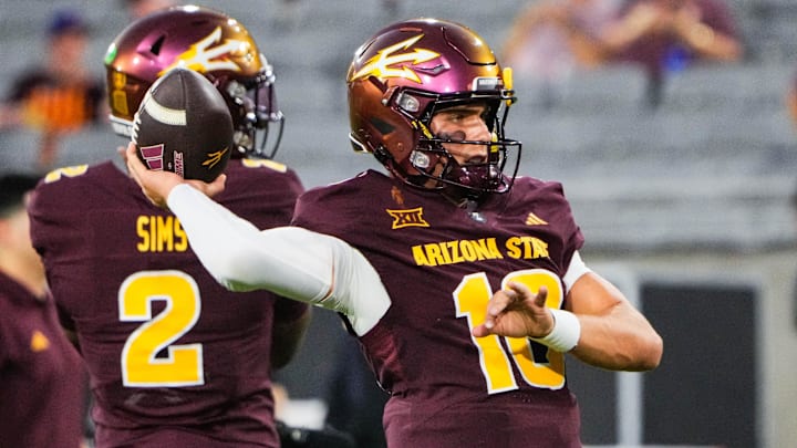 Sep 13, 2025; Tempe, Arizona, USA; Arizona State Sun Devils quarterback Sam Leavitt warms up before the game between Arizona State Sun Devils and Texas State Bobcats. Mandatory Credit: Arianna Grainey-Imagn Images Sep 13, 2025; Tempe, Arizona, USA; Arizona State Sun Devils quarterback Sam Leavitt warms up before the game between Arizona State Sun Devils and Texas State Bobcats. Mandatory Credit: Arianna Grainey-Imagn Images
