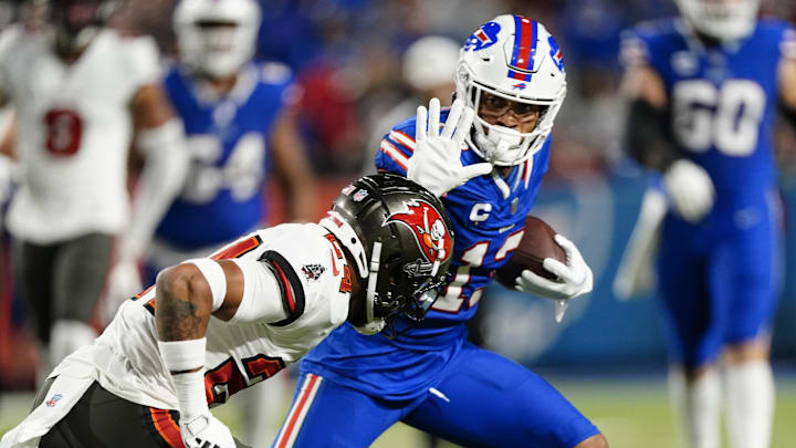 Oct 26, 2023; Orchard Park, New York, USA; Buffalo Bills wide receiver Gabe Davis (13) pushes away Tampa Bay Buccaneers cornerback Carlton Davis III (24) Oct 26, 2023; Orchard Park, New York, USA; Buffalo Bills wide receiver Gabe Davis (13) pushes away Tampa Bay Buccaneers cornerback Carlton Davis III (24)