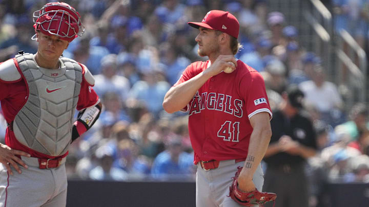 Jul 5, 2025; Toronto, Ontario, CAN; Los Angeles Angels starting pitcher Jack Kochanowicz (41) and catcher Logan O'Hoppe (14) react during the third inning against the Toronto Blue Jays at Rogers Centre. Mandatory Credit: John E. Sokolowski-Imagn Images Jul 5, 2025; Toronto, Ontario, CAN; Los Angeles Angels starting pitcher Jack Kochanowicz (41) and catcher Logan O'Hoppe (14) react during the third inning against the Toronto Blue Jays at Rogers Centre. Mandatory Credit: John E. Sokolowski-Imagn Images
