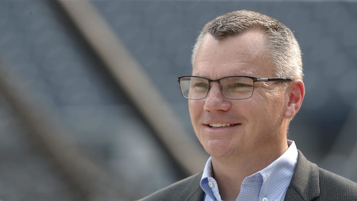 Jun 6, 2023; Pittsburgh, Pennsylvania, USA;  Pittsburgh Pirates general manager Ben Cherington looks on during batting practice before the Pirates play the Oakland Athletics at PNC Park. Mandatory Credit: Charles LeClaire-Imagn Images