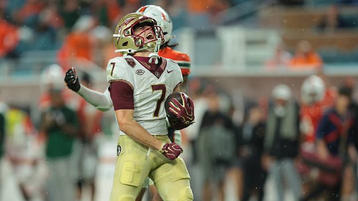 Oct 17, 2026; Miami Gardens, Florida, USA;  Florida State Seminoles wide receiver Jasen Lopez (7) reacts after a play during the second quarter against the Miami Hurricanes at Hard Rock Stadium.  Mandatory Credit: Sam Navarro-Imagn Images