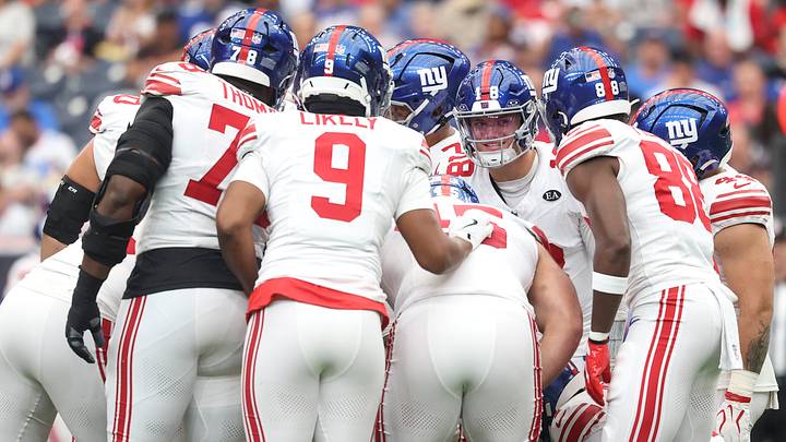 Oct 25, 2026; Houston, Texas, USA;  New York Giants quarterback J.J. McCarthy (18) in the huddle during the first quarter against the Houston Texans at Reliant Stadium.   