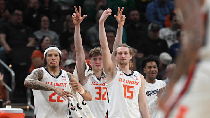 Mar 13, 2025; Indianapolis, IN, USA; The Illinois Fighting Illini bench celebrates after a play during the second half against the Iowa Hawkeyes at Gainbridge Fieldhouse. Mandatory Credit: Robert Goddin-Imagn Images