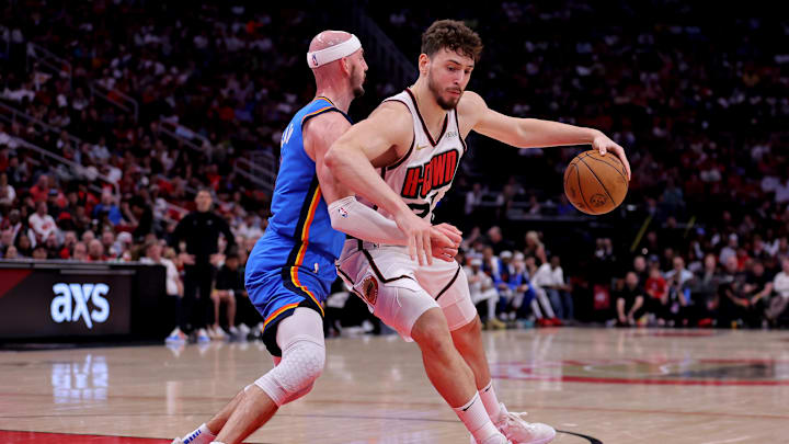Apr 4, 2025; Houston, Texas, USA; Houston Rockets center Alperen Sengun (28) handles the ball against Oklahoma City Thunder guard Alex Caruso (9) during the second quarter at Toyota Center. Mandatory Credit: Erik Williams-Imagn Images Apr 4, 2025; Houston, Texas, USA; Houston Rockets center Alperen Sengun (28) handles the ball against Oklahoma City Thunder guard Alex Caruso (9) during the second quarter at Toyota Center. Mandatory Credit: Erik Williams-Imagn Images