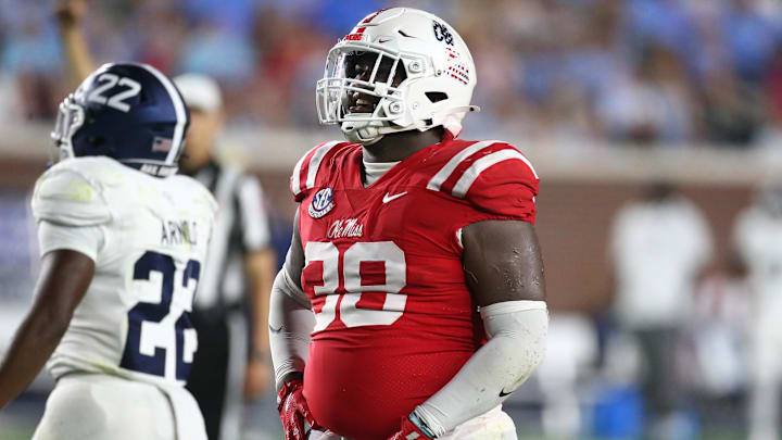Sep 21, 2024; Oxford, Mississippi, USA; Mississippi Rebels defensive linemen JJ Pegues (38) reacts during the second half against the Georgia Southern Eagles at Vaught-Hemingway Stadium. Mandatory Credit: Petre Thomas-Imagn Images