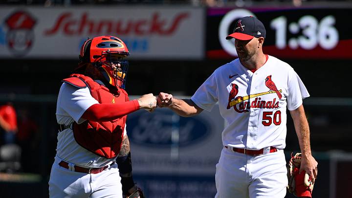 Oct 2, 2022; St. Louis, Missouri, USA; St. Louis Cardinals catcher Yadier Molina (4) and starting pitcher Adam Wainwright (50) fist bump as they walk in from the bullpen before their record breaking 328th career battery start in a game against the Pittsburgh Pirates at Busch Stadium. Mandatory Credit: Jeff Curry-USA TODAY Sports Oct 2, 2022; St. Louis, Missouri, USA; St. Louis Cardinals catcher Yadier Molina (4) and starting pitcher Adam Wainwright (50) fist bump as they walk in from the bullpen before their record breaking 328th career battery start in a game against the Pittsburgh Pirates at Busch Stadium. Mandatory Credit: Jeff Curry-USA TODAY Sports