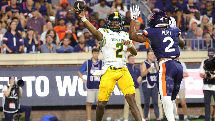 Sep 11, 2026; Charlottesville, Virginia, USA; Norfolk State Spartans quarterback Deljay Bailey (2) throws a pass as Virginia Cavaliers defensive back Donavon Platt (2) defends during the second quarter at Scott Stadium. Mandatory Credit: Amber Searls-Imagn Images Sep 11, 2026; Charlottesville, Virginia, USA; Norfolk State Spartans quarterback Deljay Bailey (2) throws a pass as Virginia Cavaliers defensive back Donavon Platt (2) defends during the second quarter at Scott Stadium. Mandatory Credit: Amber Searls-Imagn Images