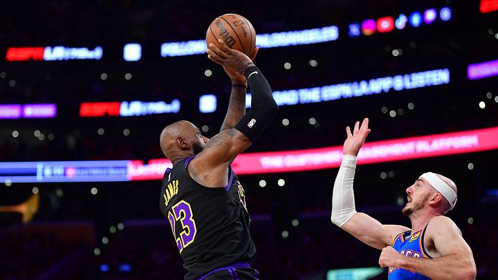 May 11, 2026; Los Angeles, California, USA; Los Angeles Lakers forward LeBron James (23) shoots against Oklahoma City Thunder guard Alex Caruso (9) during the first half in game four of the second round of the 2026 NBA Playoffs at Crypto.com Arena. Mandatory Credit: Gary A. Vasquez-Imagn Images May 11, 2026; Los Angeles, California, USA; Los Angeles Lakers forward LeBron James (23) shoots against Oklahoma City Thunder guard Alex Caruso (9) during the first half in game four of the second round of the 2026 NBA Playoffs at Crypto.com Arena. Mandatory Credit: Gary A. Vasquez-Imagn Images