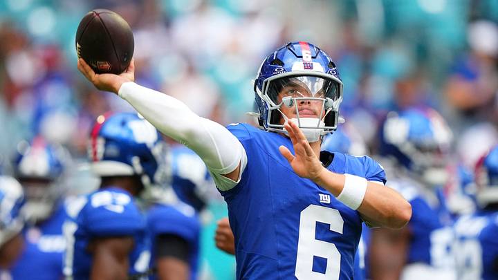 New York Giants quarterback Jaxson Dart (6) warms up prior to a preseason game against the Miami Dolphins at Hard Rock Stadium.  Mandatory Credit: Rich Storry-Imagn Images